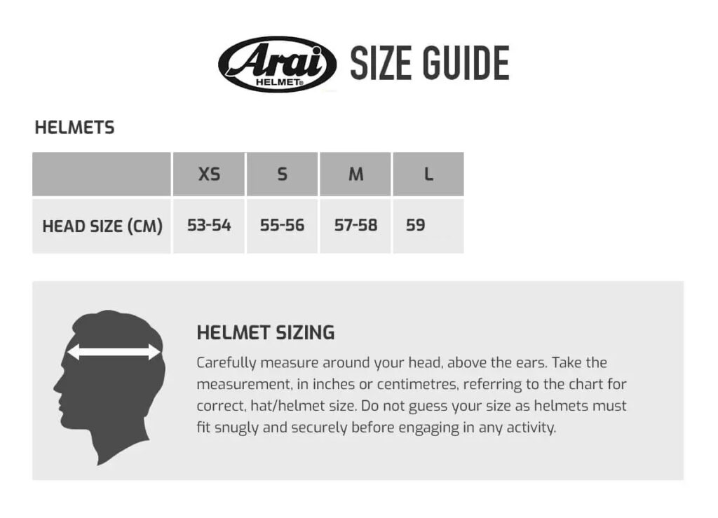 Arai GP7 Size guide